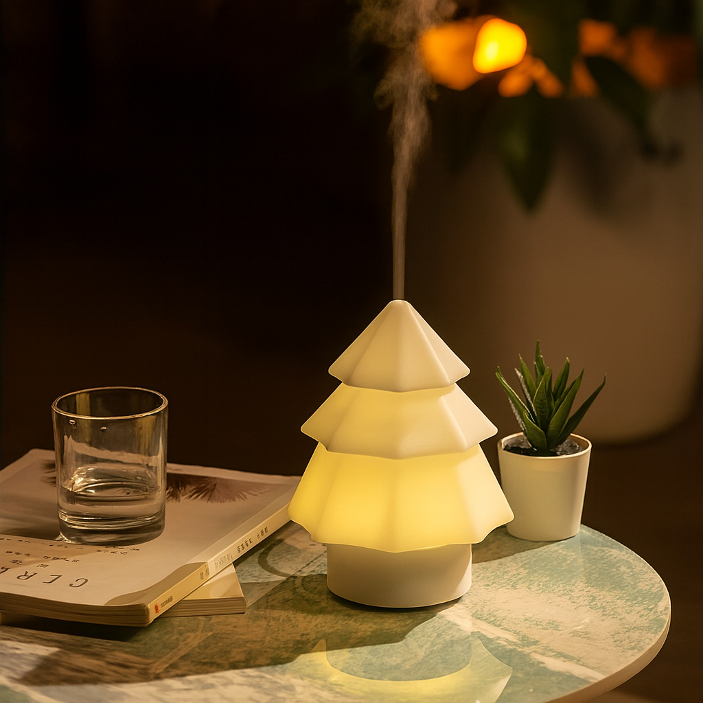 Soft glowing Christmas tree-shaped aroma diffuser emitting gentle mist on a table in a cosy evening setting, ThuisGemak.