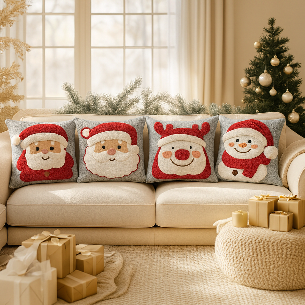 Festive Christmas-themed cushion set with Santa, reindeer and snowman designs on a cosy sofa in a decorated living room, ThuisGemak.