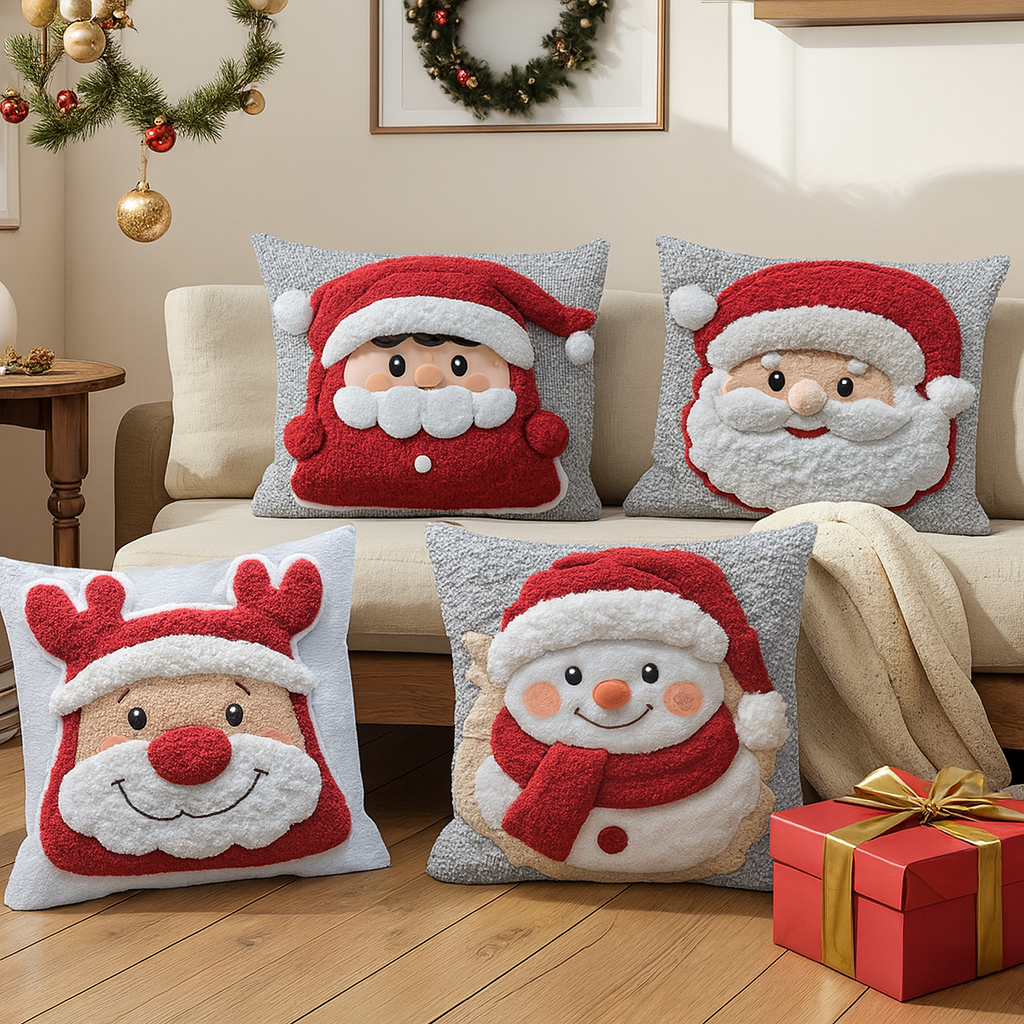 Festive Christmas cushion set with Santa, reindeer and snowman designs on a beige sofa beside a wrapped gift in a decorated living room, ThuisGemak.