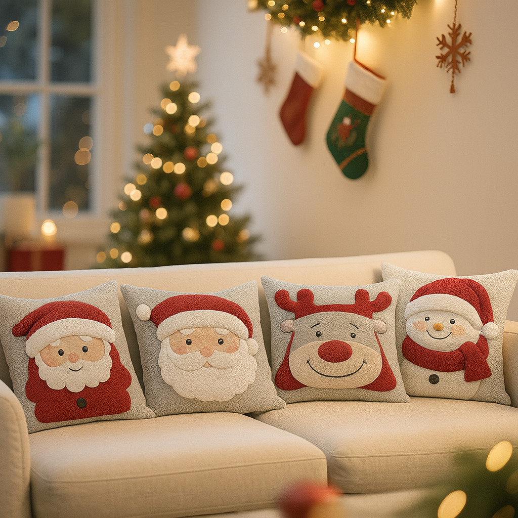 Festive Christmas-themed cushion set with Santa, reindeer and snowman designs on a cosy sofa in a decorated living room, ThuisGemak.