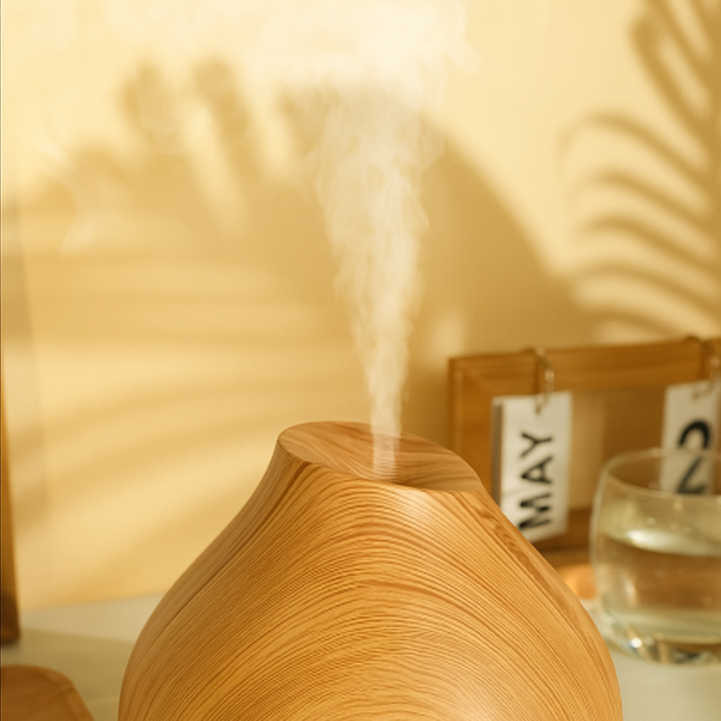 Natural wood-grain aroma diffuser releasing soft mist in warm sunlight on a minimalist table, ThuisGemak.