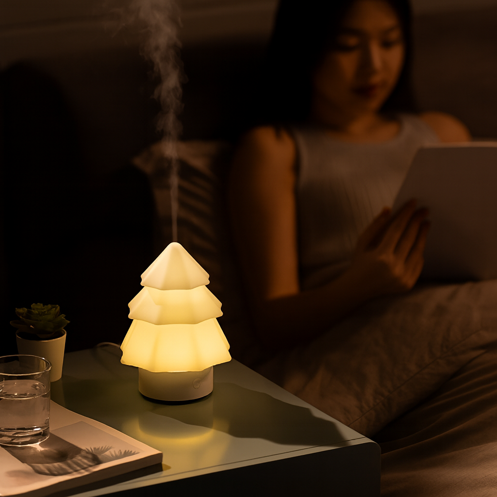 Soft glowing Christmas tree-shaped aroma diffuser releasing gentle mist on a bedside table in a calm evening bedroom, ThuisGemak.