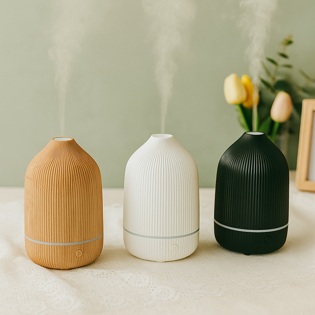 Three elegant aroma diffusers in wood, white, and black tones releasing soft mist on a neutral table with tulips in the background.