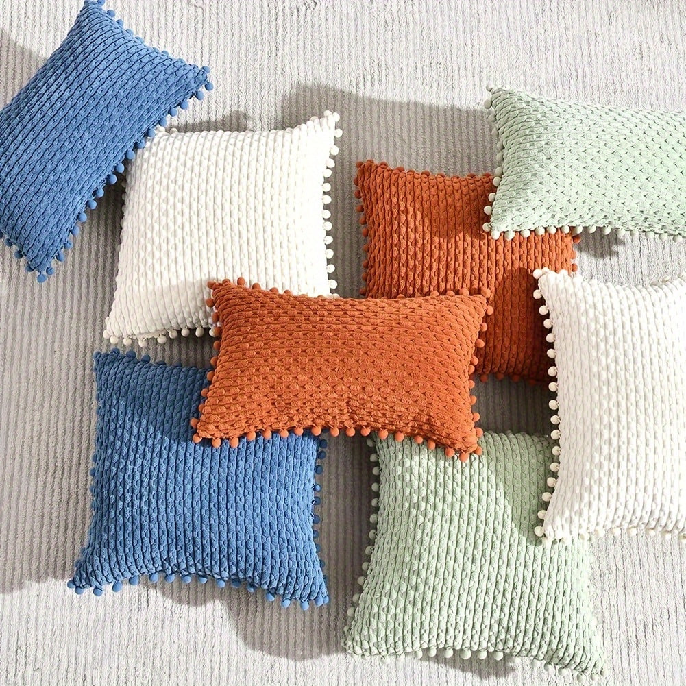 Set of 2 Corduroy Cushion Covers with Pom-Poms
