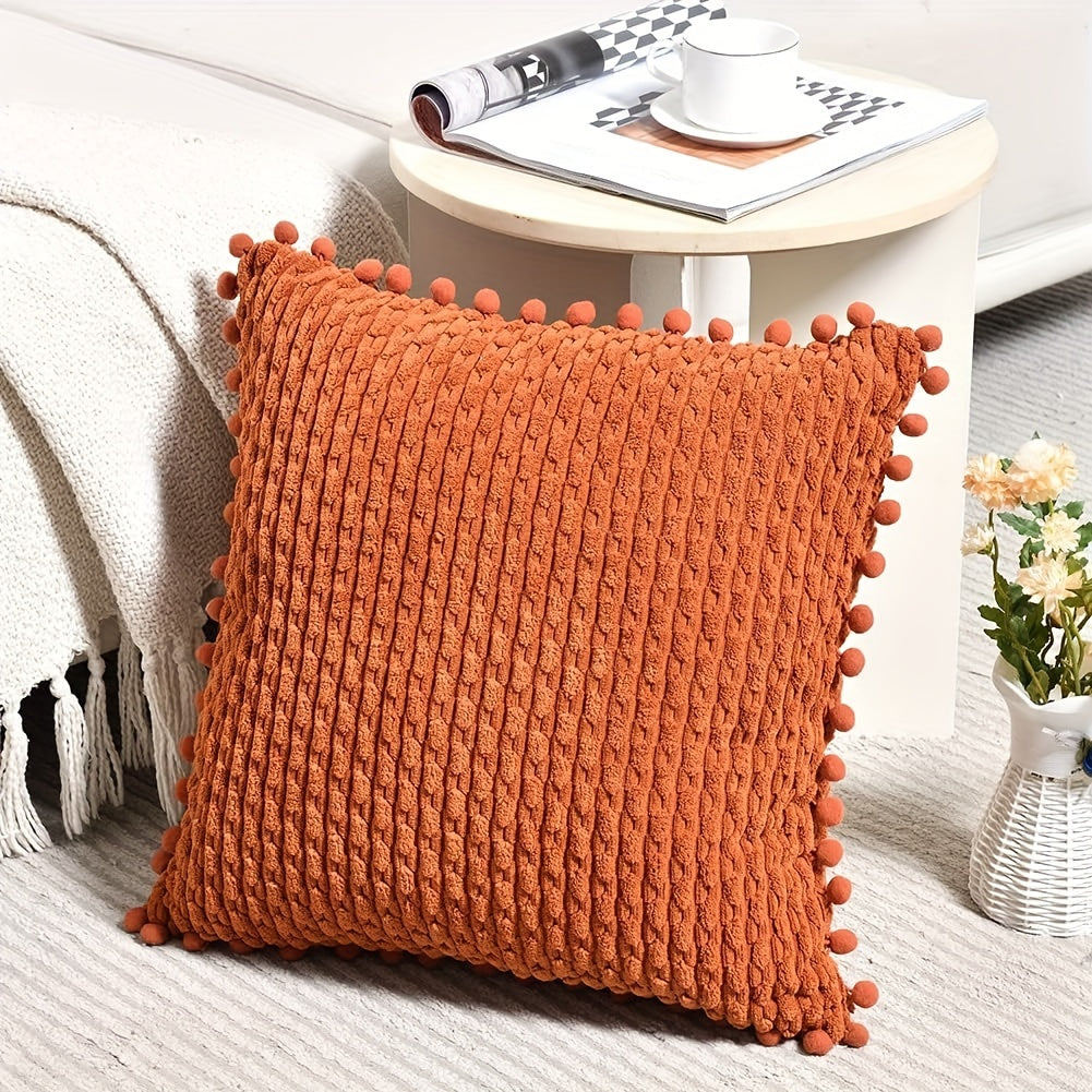 Set of 2 Corduroy Cushion Covers with Pom-Poms