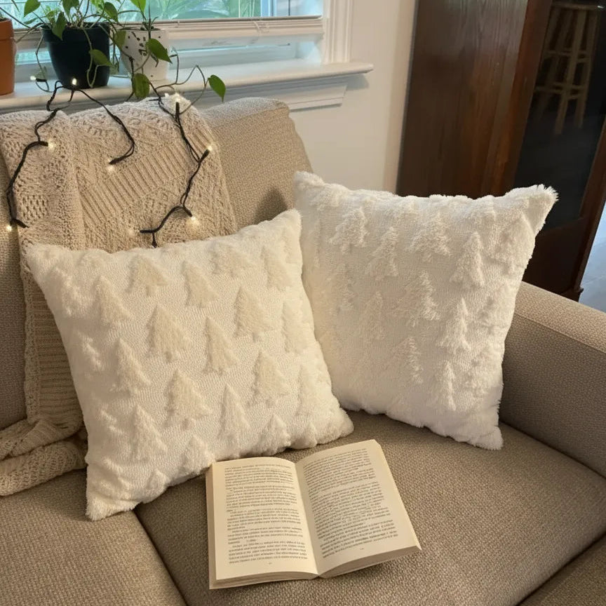 two white christmas cushions on a sofa with a book